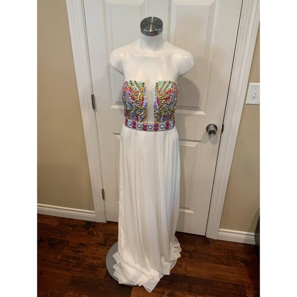 JVN by Jovani White Beaded Strapless Gown w/ Lace-Up Back, Size 4 NWT! - Picture 1 of 13